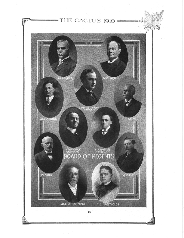 Page from The Cactus yearbook of 1916 with a photograph of Regent Faber