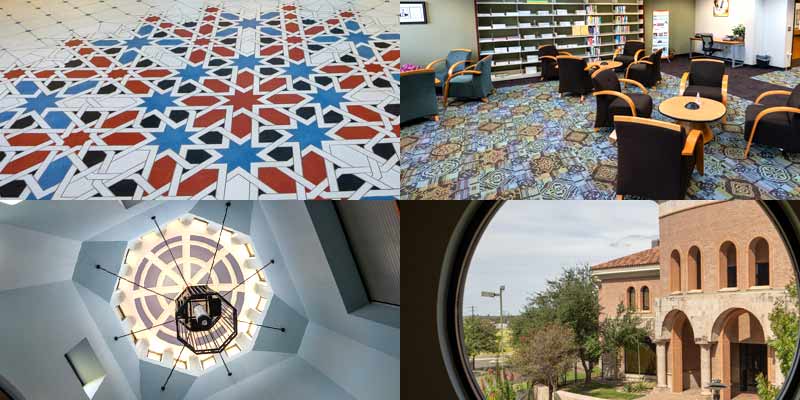Four images in a collage showcasing interior designs and styles in the Education Center.