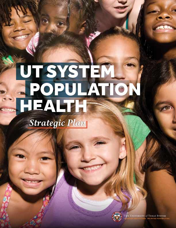 document title: Population Health Strategic Plan, over a background of children's smiling faces