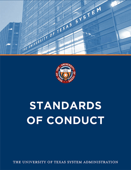 Cover image and blue single tone image of  the UT System Administration build and the text: Sandards of Conduct
