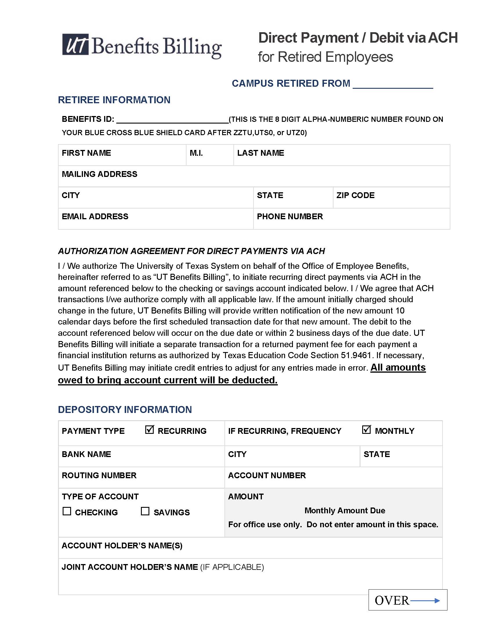 COBRA Direct Payment form cover page