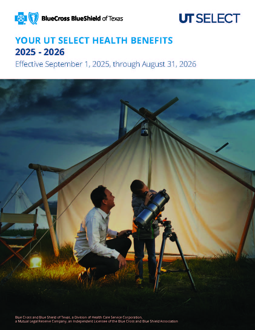 UT SELECT Benefits Plan Guide cover with a parent and child looking through a telescope