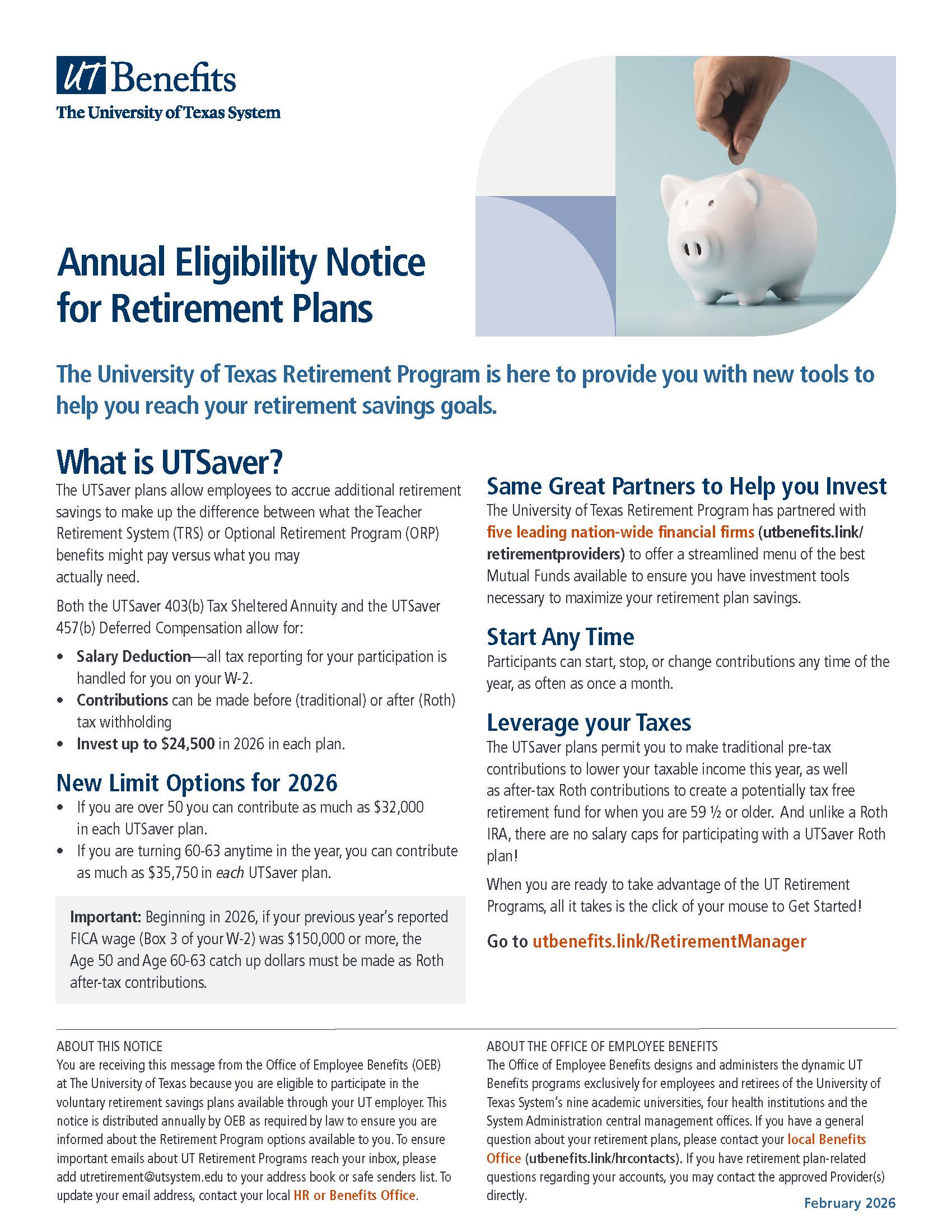 Cover image of the Annual Eligibility Notice for Retirement Plans