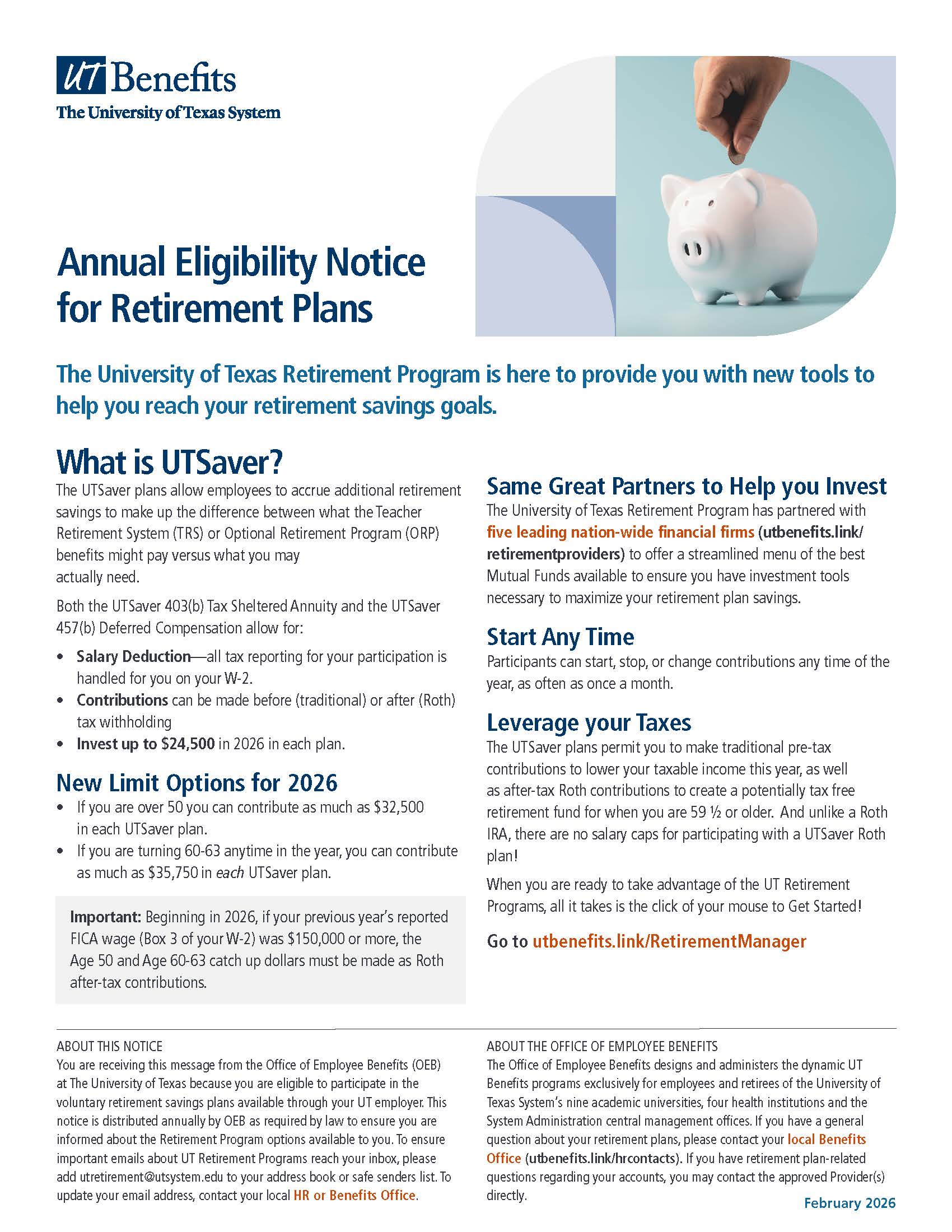 Cover image of the Annual Eligibility Notice for Retirement Plans