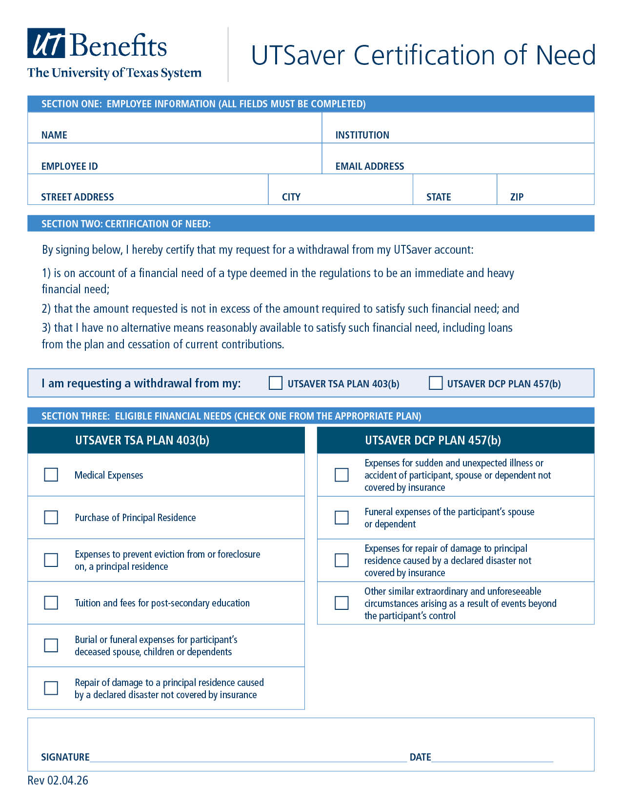 Form for UTSaver Certification of Need