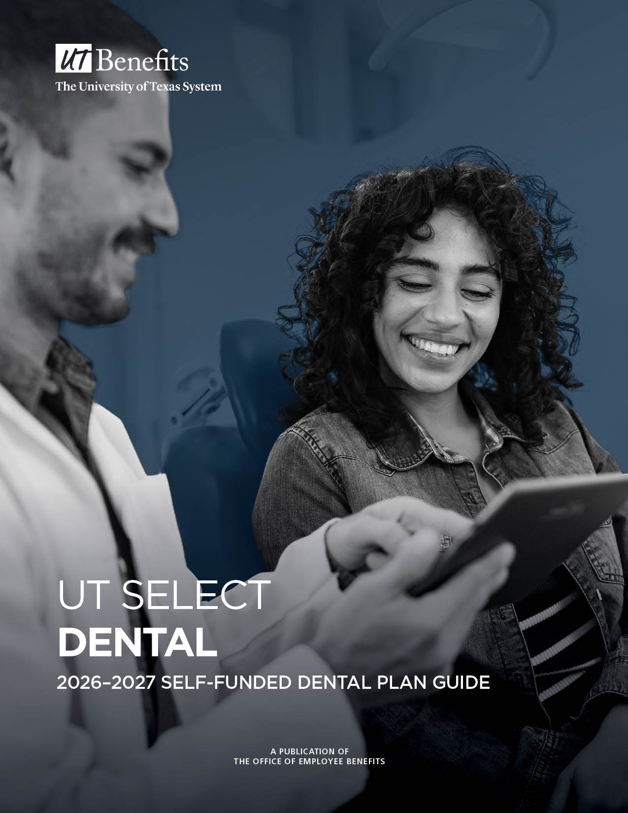 UT SELECT Dental plan guide cover with dentist talking to a woman