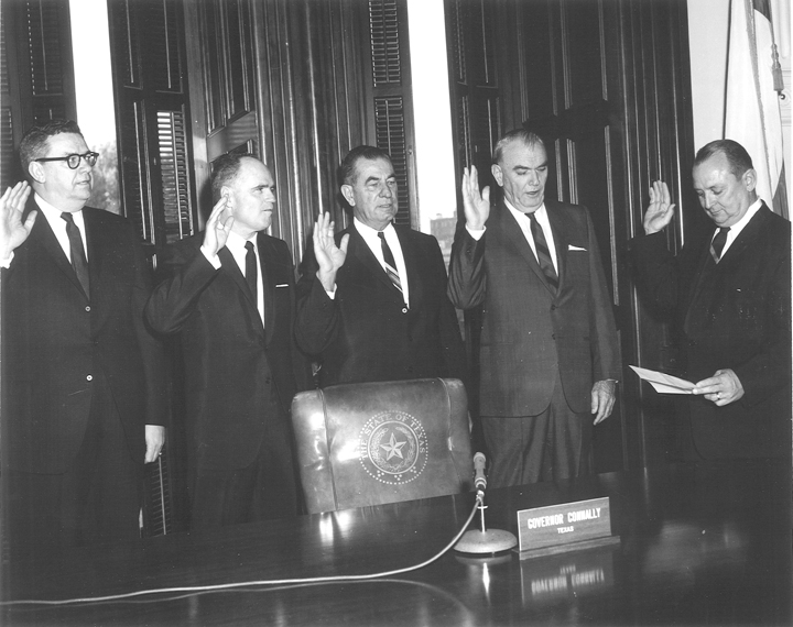 Governor Connally swearing in (from left) Regents Ikard, Josey, Bauer, and Heath