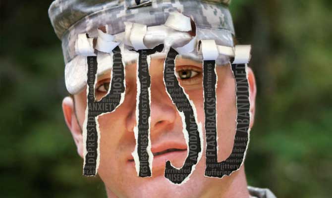 Image of a soldier face with the letters PTSD super imposed over the head. 