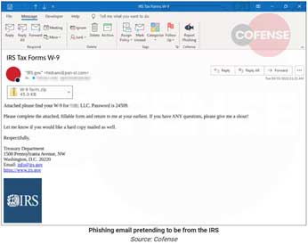 Screenshot of an email that is an IRS Phishing attack. The email has an offical looking seal at the bottom of the email, and has a zip attachment. 