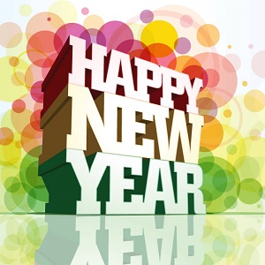 illustration of the phrase Happy New Year in 3D block letters stacked one on top of another