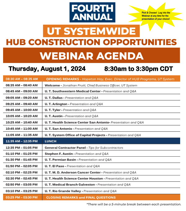 UT Systemwide HUB Construction Opportunities Webinar Agenda.