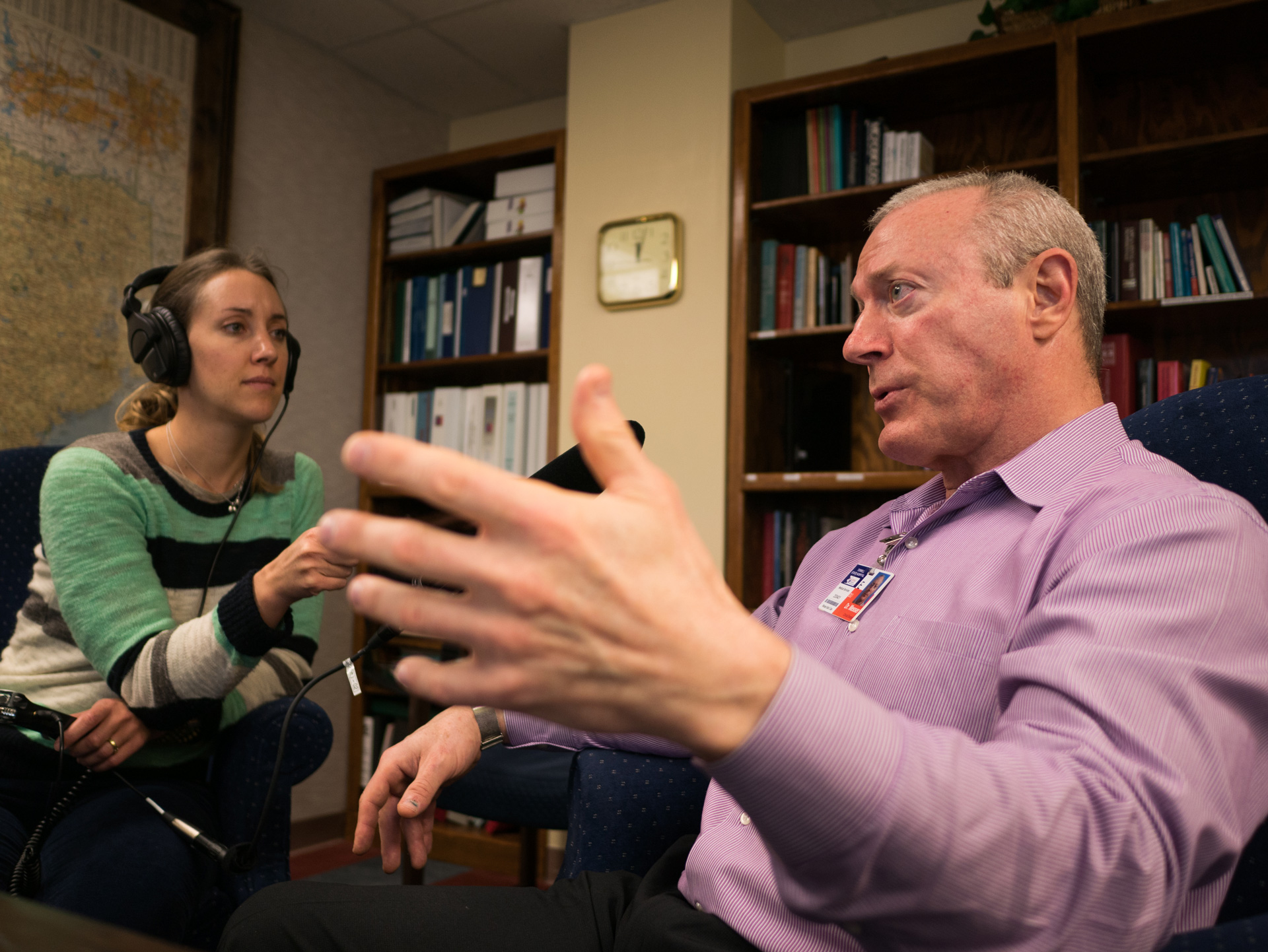 Population Health Scholar, Caroline Covington, interviews Mark Messer in his office at Terrell State Hospital. 