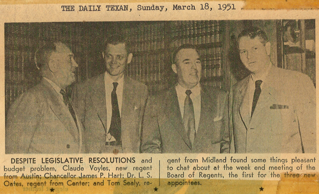 Regent Voyles, Chancellor Hart, Regent Oates, and Regent Sealy, photograph printed in The Daily Texas on March 18, 1951