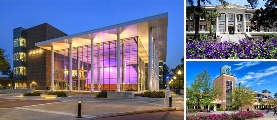 Collage of building exterior facades from Stephen F. Austin State University
