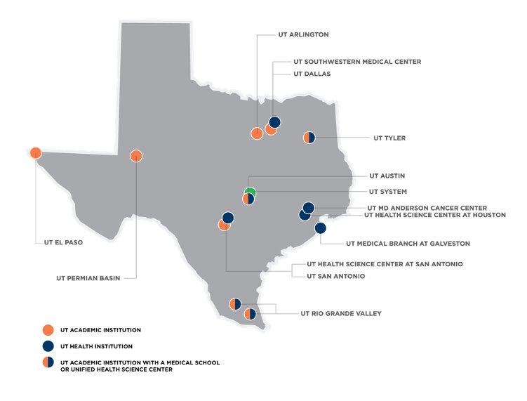 Map of Texas with markers for all UT System Institutions