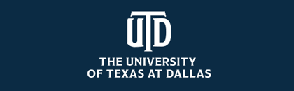 UT Dallas logo over a dark blue background