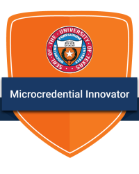 Illustration of a badge outline with the UT System logo at the top, and the text over a ribbon "Microcredential Innovator"