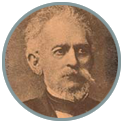 Circular graphic with an old photograph of Ashbel Smith centered