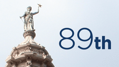 The statue on top of the Texas State Capitol with text on the page: 89th