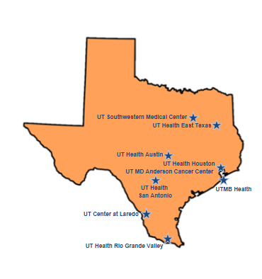 Map of the state of Texas with stars indicating where the different institutions are.