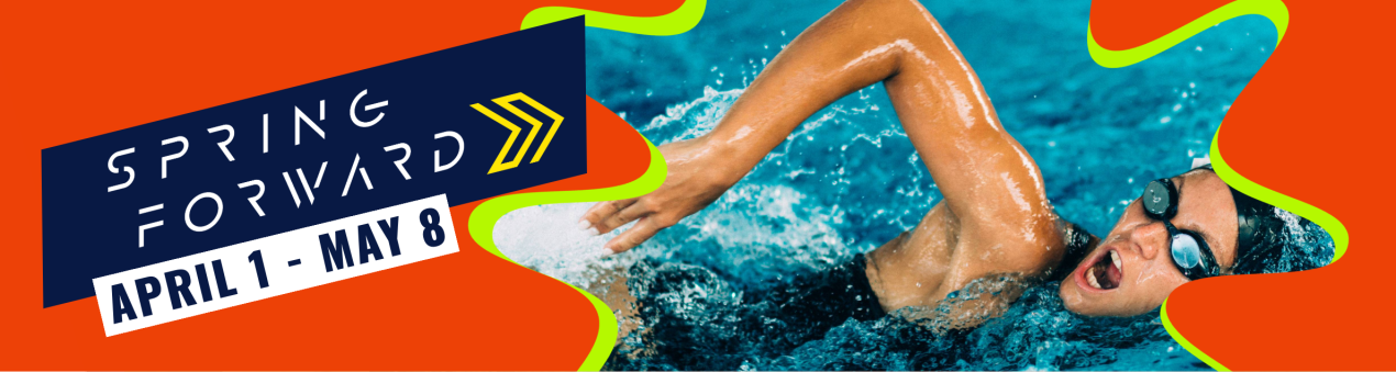 A swimmer lifts their arm out of the water during a front stroke. Against a red background are the Spring Forward Logo with dates and link.
