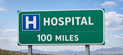 Highway sign with the text: Hospital 100 miles