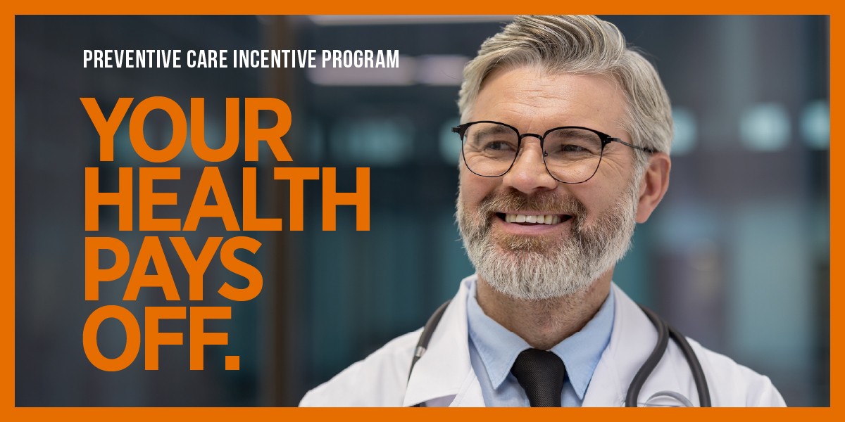 Image of doctor with the text 'Your Health Pays Off' in bold orange letters.