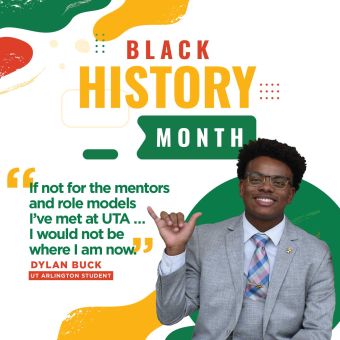 Dylan Buck profile photo with him signing the UT Arlington hand signal, with text on the image: Black History Month 