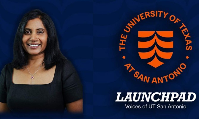 UT San Antonio launchpad podcast screen, with the Logo and name on the right side and a photo of Dhireesha Kudithipudi on the left