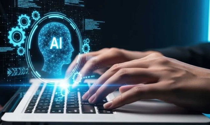 Hands type on a laptop as AI graphics hover above.