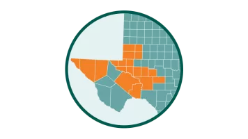 Map detail of the West Texas counties that host University Lands