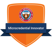 Illustration of a badge outline with the UT System logo at the top, and the text over a ribbon "Microcredential Innovator"