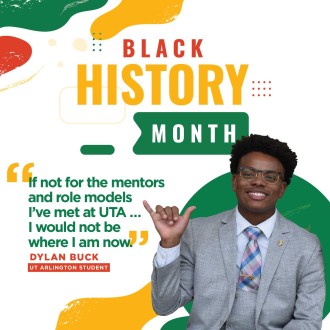 Dylan Buck profile photo with him signing the UT Arlington hand signal, with text on the image: Black History Month 