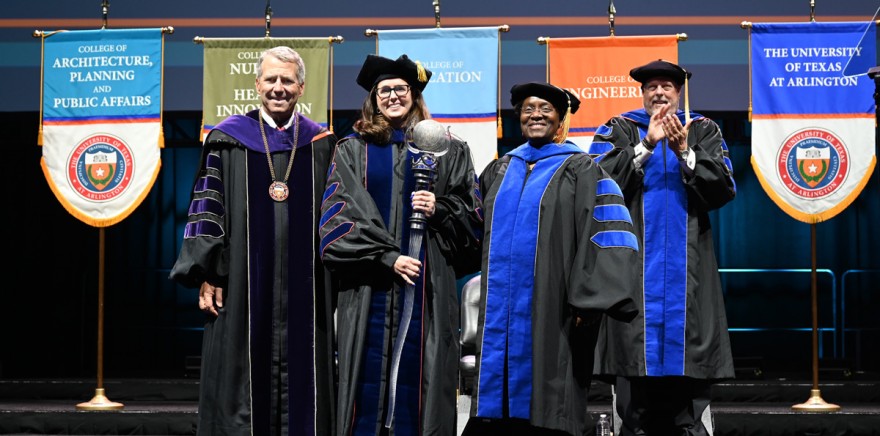 Dr. Jennifer Cowley along with Chancellor Milliken and leadership at UT Arlington on stage during the Investiture